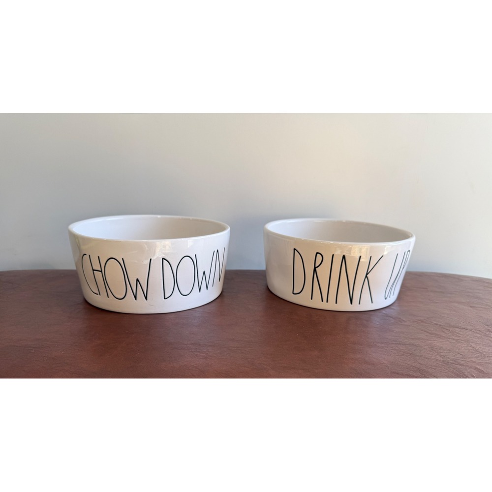 Rae Dunn Chow Down Drink Up Pet Bowl Set White Ceramic Dog Cat Farmhouse 2pc